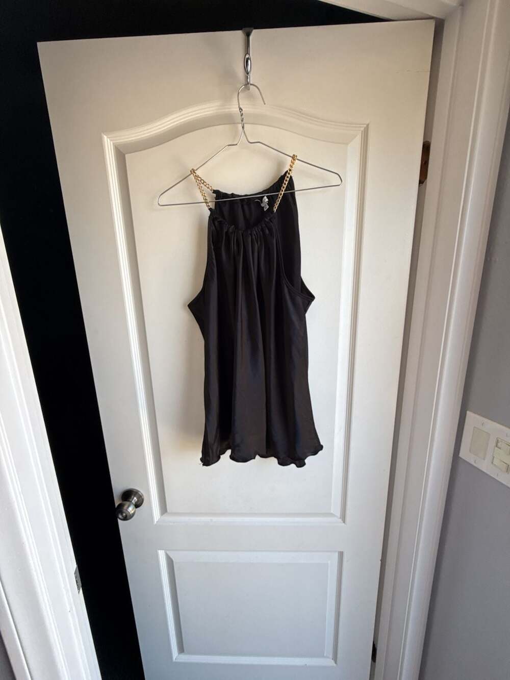 Tash + Sophie Black Satin Sleeveless Halter Top with Gold Chain Detail